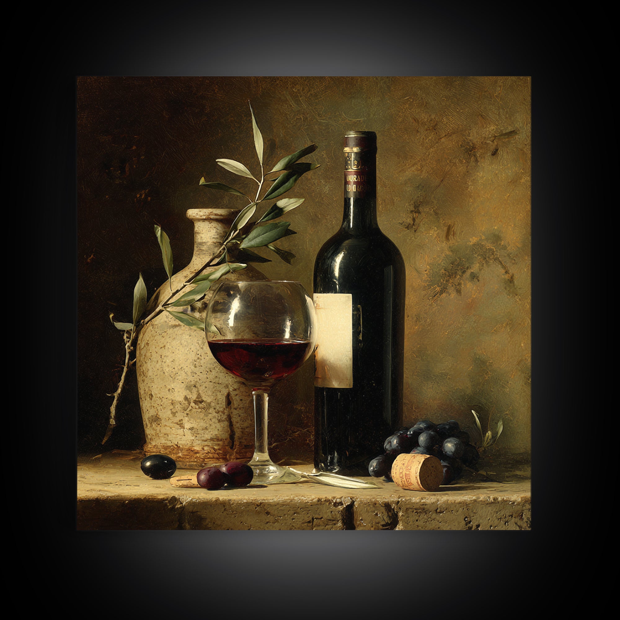 Olive Branch and Wine Glass Mediterranean Still Framed Canvas Print, Winery Art, Print, Winery Decor, Fine Art, Vineyard, WIN-1x1-96
