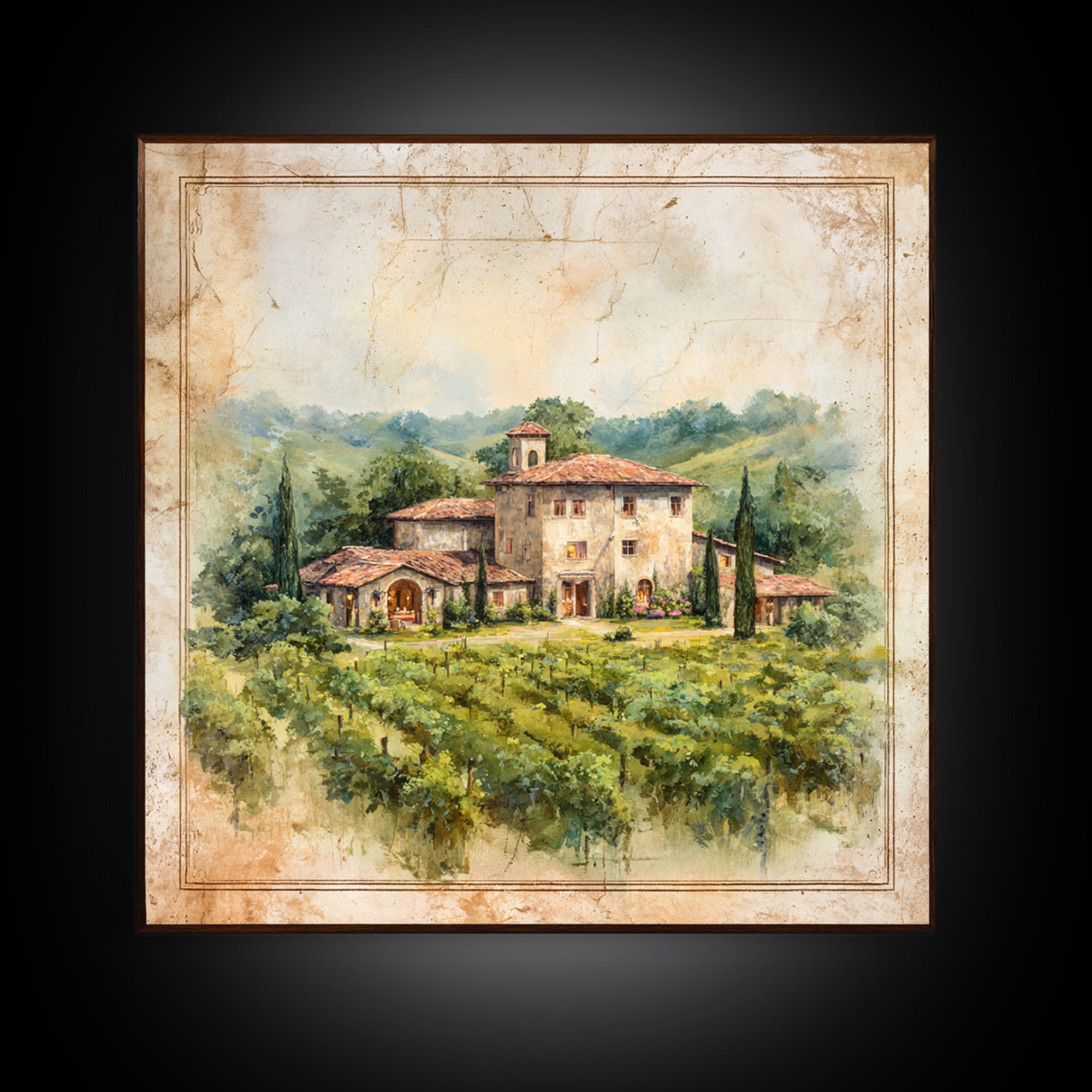 Tuscan Vineyard at Golden Hour Canvas Print, Winery Art, Wall Decor, Winery Decor, Vineyard, Kitchen Art, Living Room Decor, WIN-1x1-99