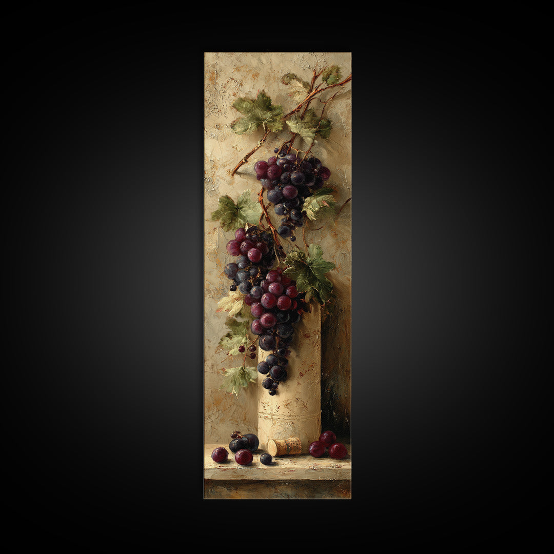 Grapevine Branch with Purple Grapes and Leaves Canvas Print, Winery Art, Minimalist Decor, Winery Decor, Oil Painting, Vineyard, WIN-1x3-13