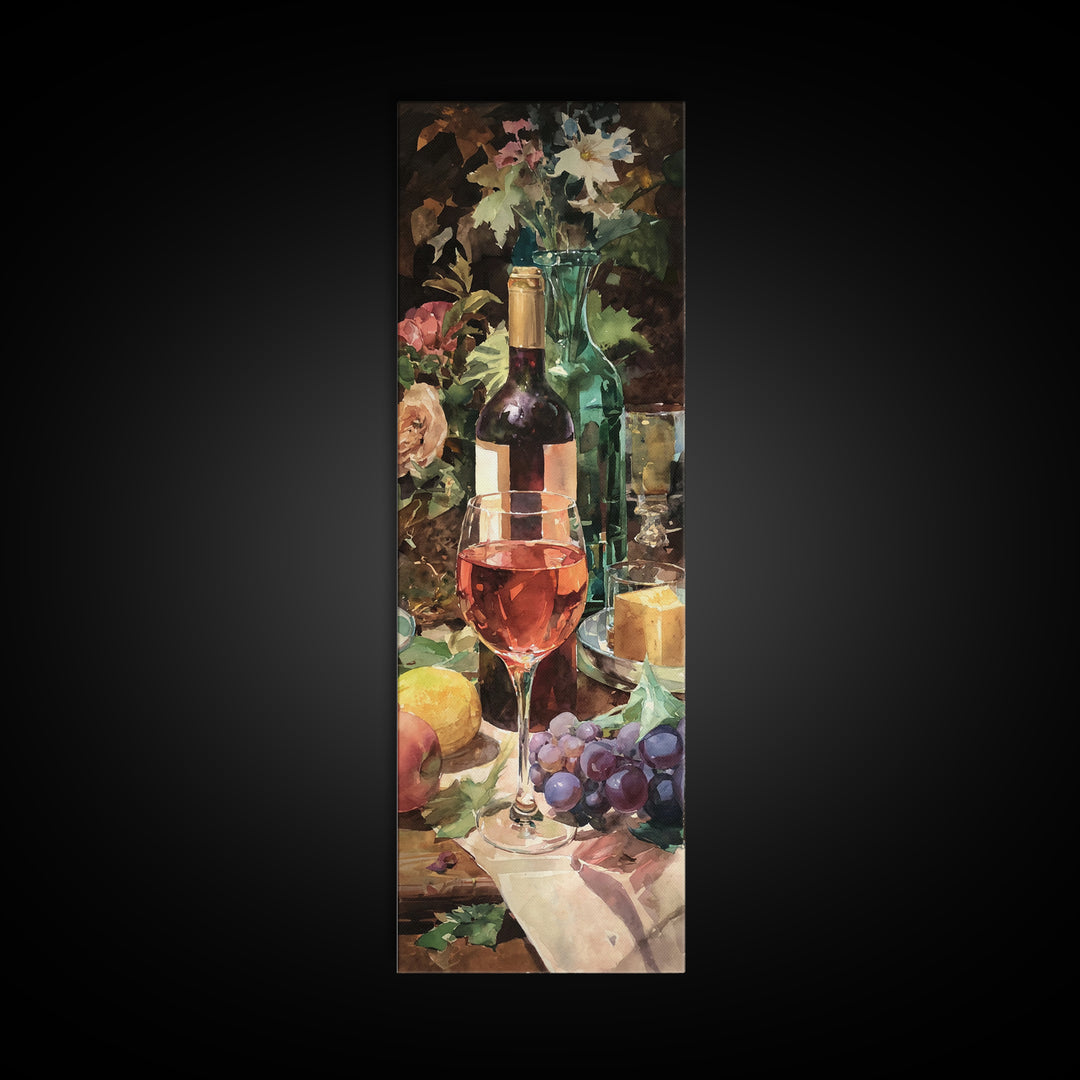 Ros Glass Beside Summer Flowers Canvas Print, Winery Art, Living Room Art, Winery Decor, Watercolor Art, Vineyard, WIN-1x3-2