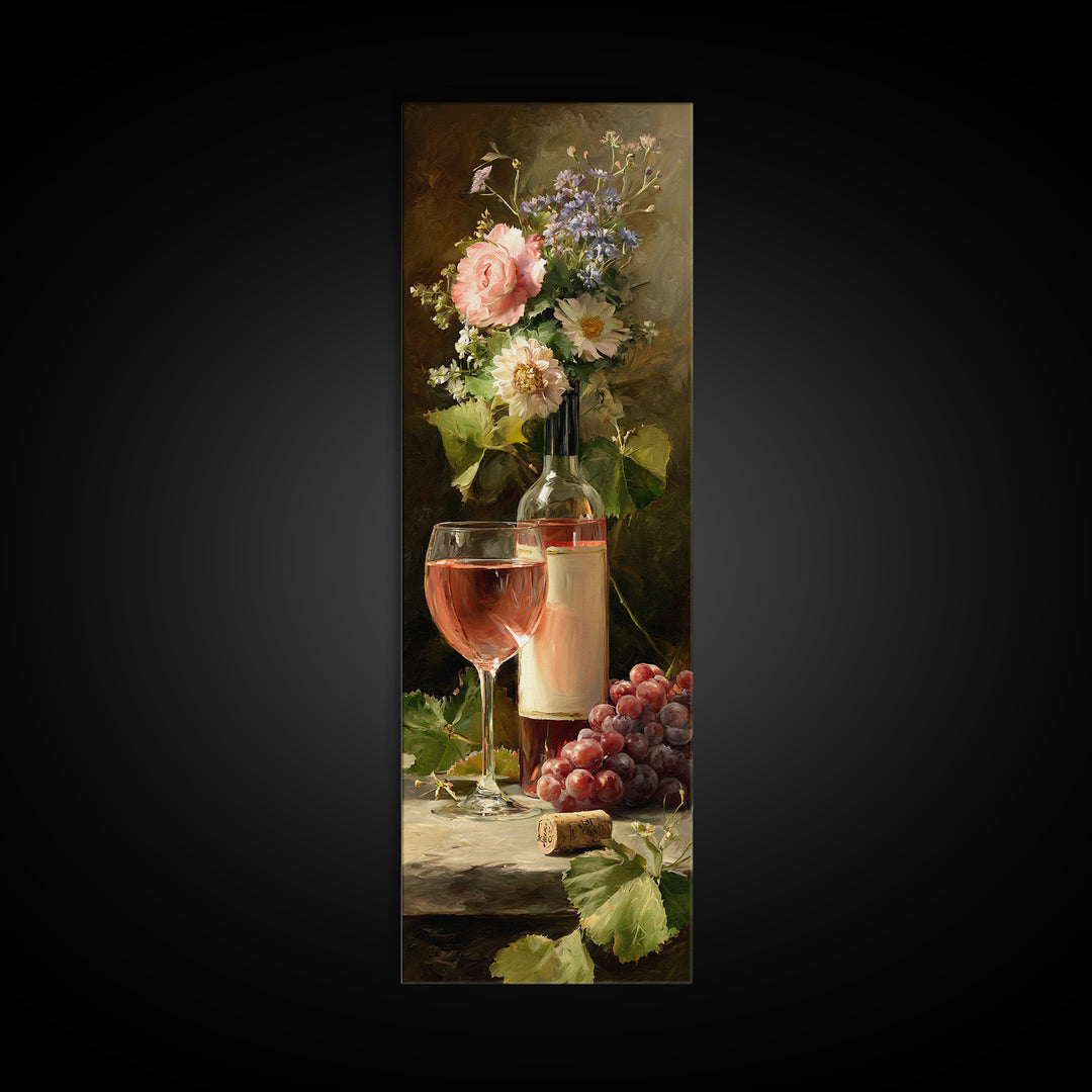 Ros Glass Beside Summer Flowers Canvas Print, Winery Art, Living Room Art, Winery Decor, Watercolor Art, Vineyard, WIN-1x3-26