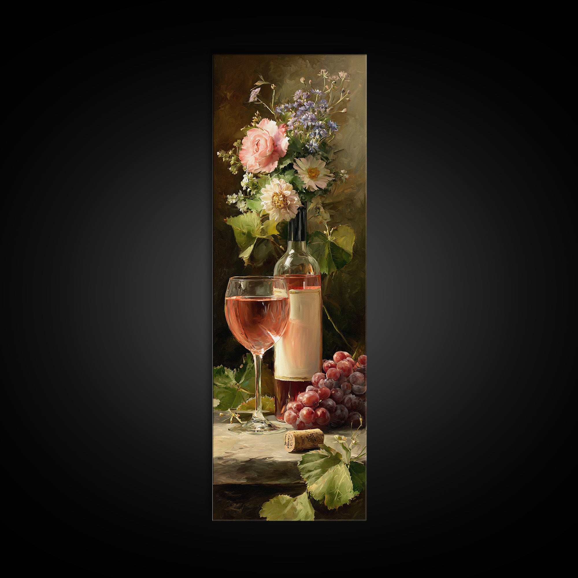 Ros Glass Beside Summer Flowers Canvas Print, Winery Art, Living Room Art, Winery Decor, Watercolor Art, Vineyard, WIN-1x3-26