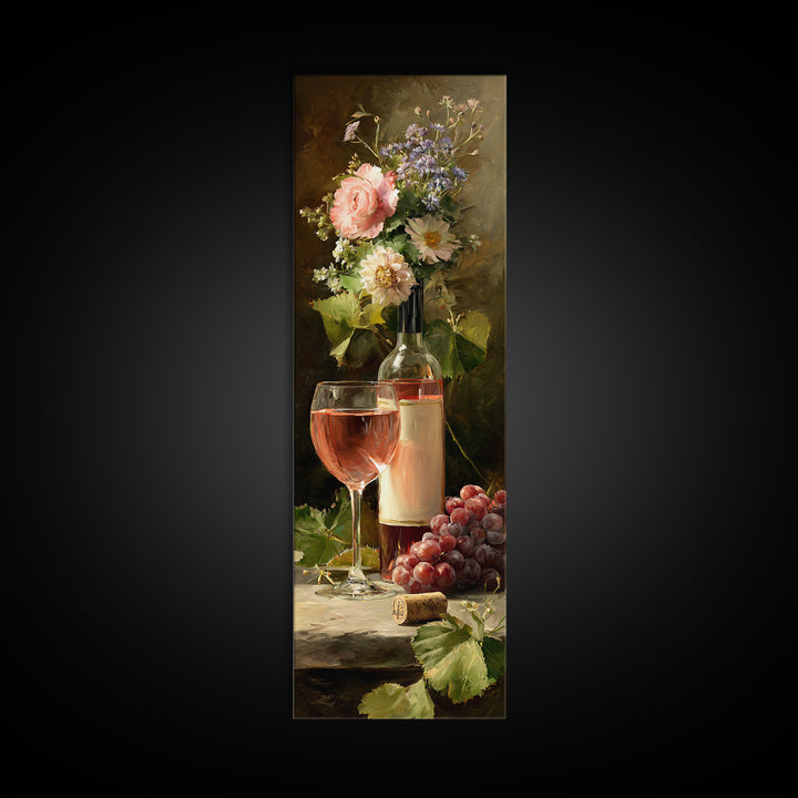 Ros Glass Beside Summer Flowers Canvas Print, Winery Art, Living Room Art, Winery Decor, Watercolor Art, Vineyard, WIN-1x3-26