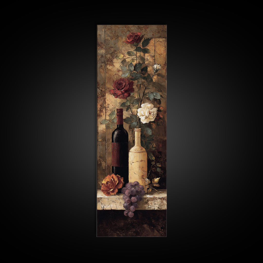 Vineyard Gate with Climbing Roses Framed Canvas Print, Winery Art, Oil Painting, Winery Decor, Watercolor Art, Vineyard, WIN-1x3-3