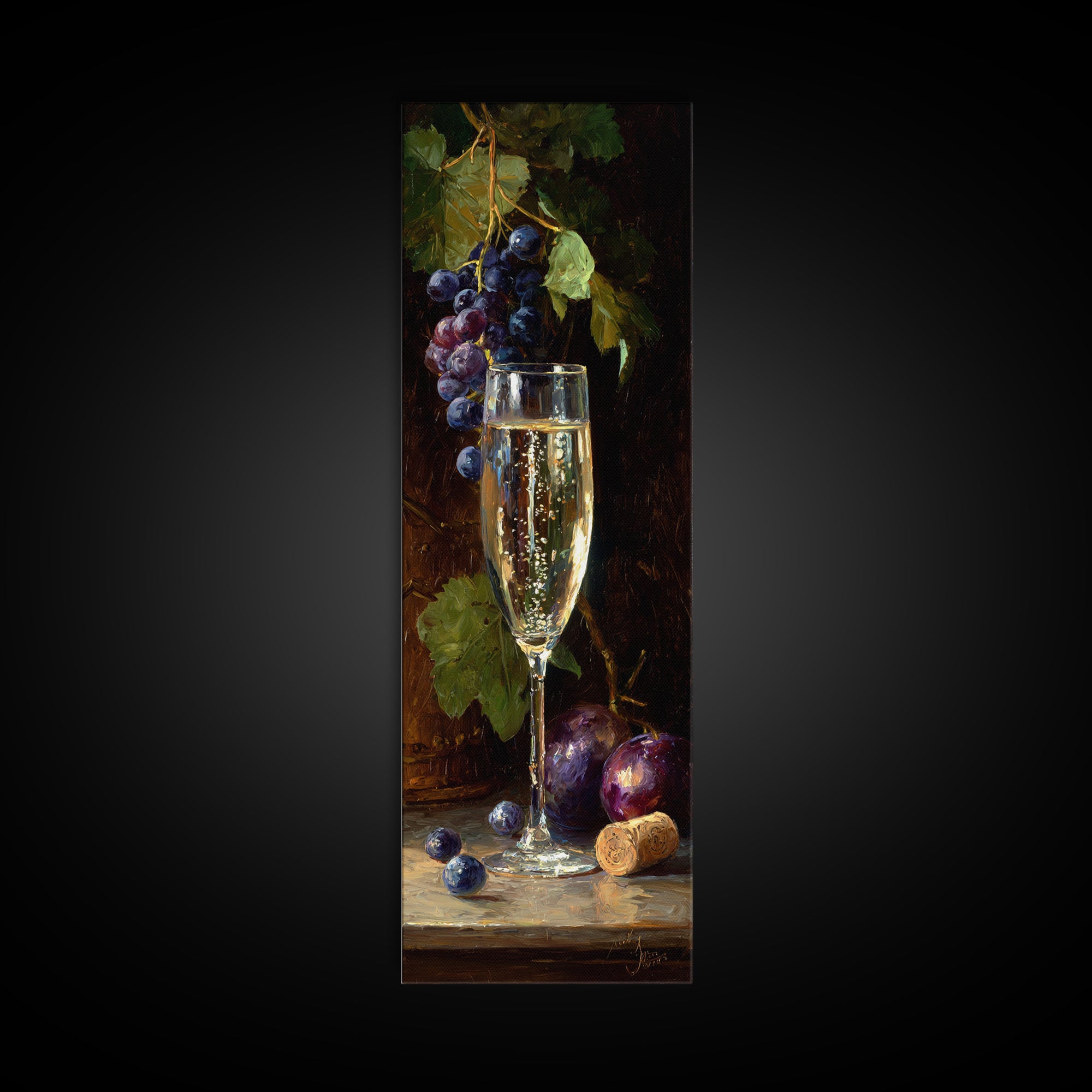 Champagne Coupe with Bubbles and Light Framed Canvas Print, Winery Art, Kitchen Art, Winery Decor, Watercolor Art, Vineyard, WIN-1x3-31