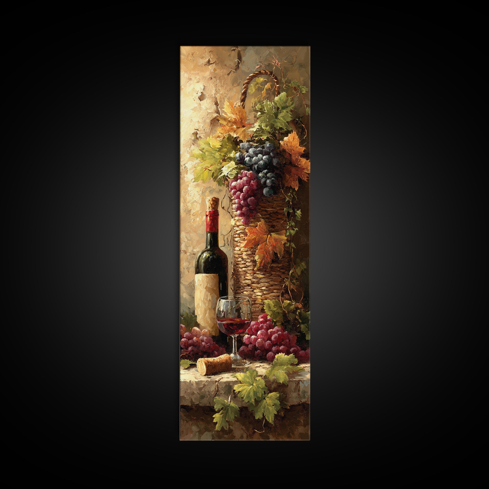 Wine Harvest Basket Framed Canvas Print, Winery Art, Cocktail Wall Art, Winery Decor, Watercolor Art, Vineyard, WIN-1x3-34