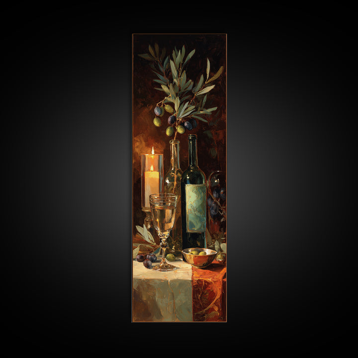Olive Branch and Wine Glass Mediterranean Still Framed Canvas Print, Winery Art, Print, Winery Decor, Fine Art, Vineyard, WIN-1x3-36