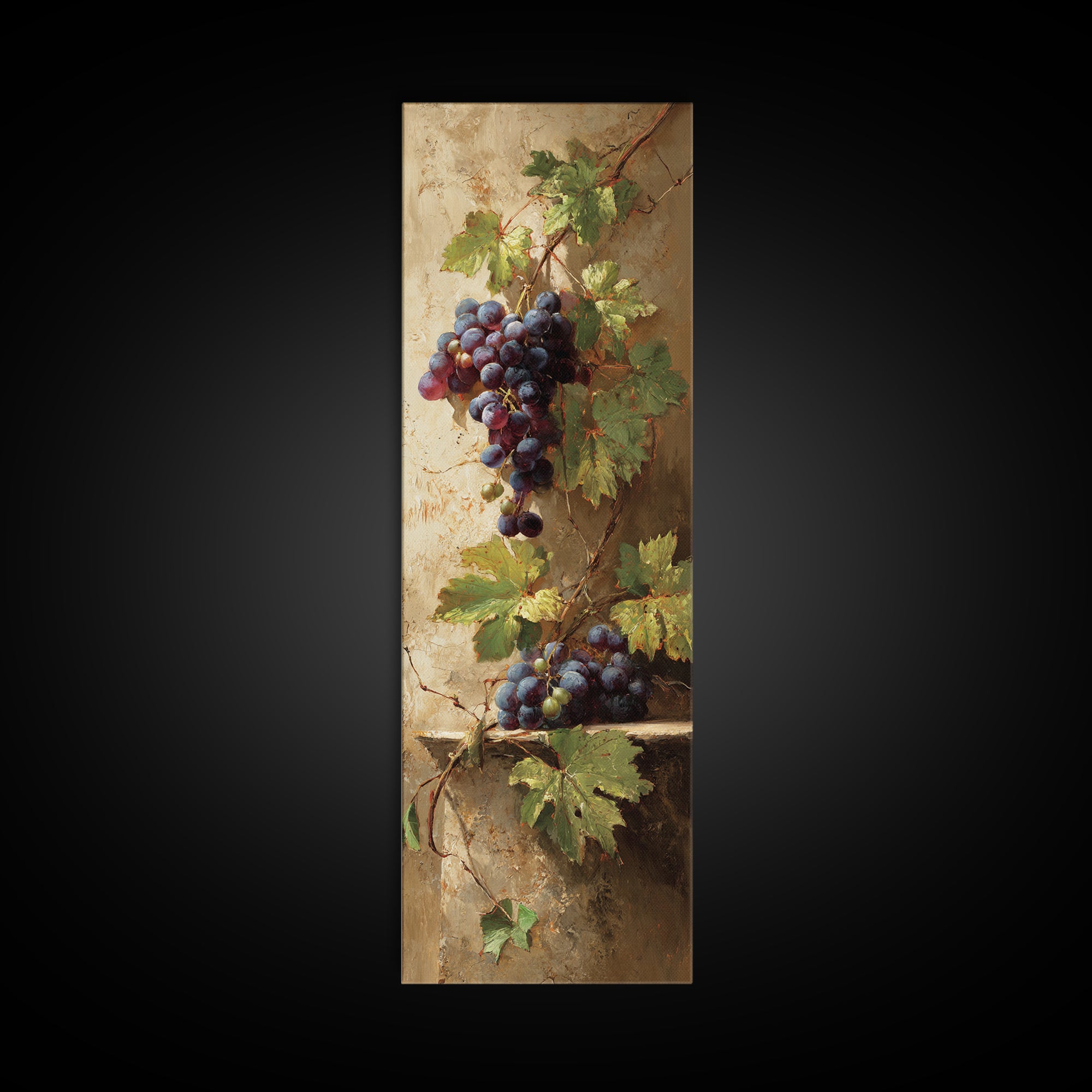 Grapevine Branch with Purple Grapes and Leaves Canvas Print, Winery Art, Minimalist Decor, Winery Decor, Oil Painting, Vineyard, WIN-1x3-37