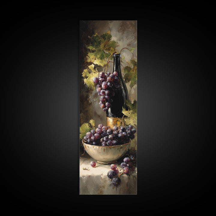Grapes in a Ceramic Bowl with Shadows Framed Canvas Print, Winery Art, Wall Art, Winery Decor, Oil Painting, Vineyard, WIN-1x3-45