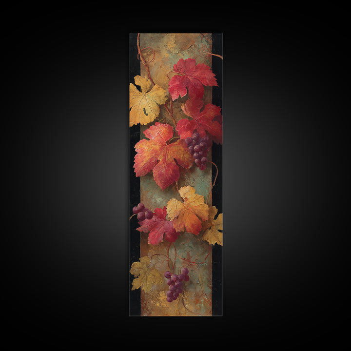 Vine Leaves Turning Autumn Red and Gold Framed Canvas Print, Winery Art, Watercolor Painting, Winery Decor, Fine Art, Vineyard, WIN-1x3-47