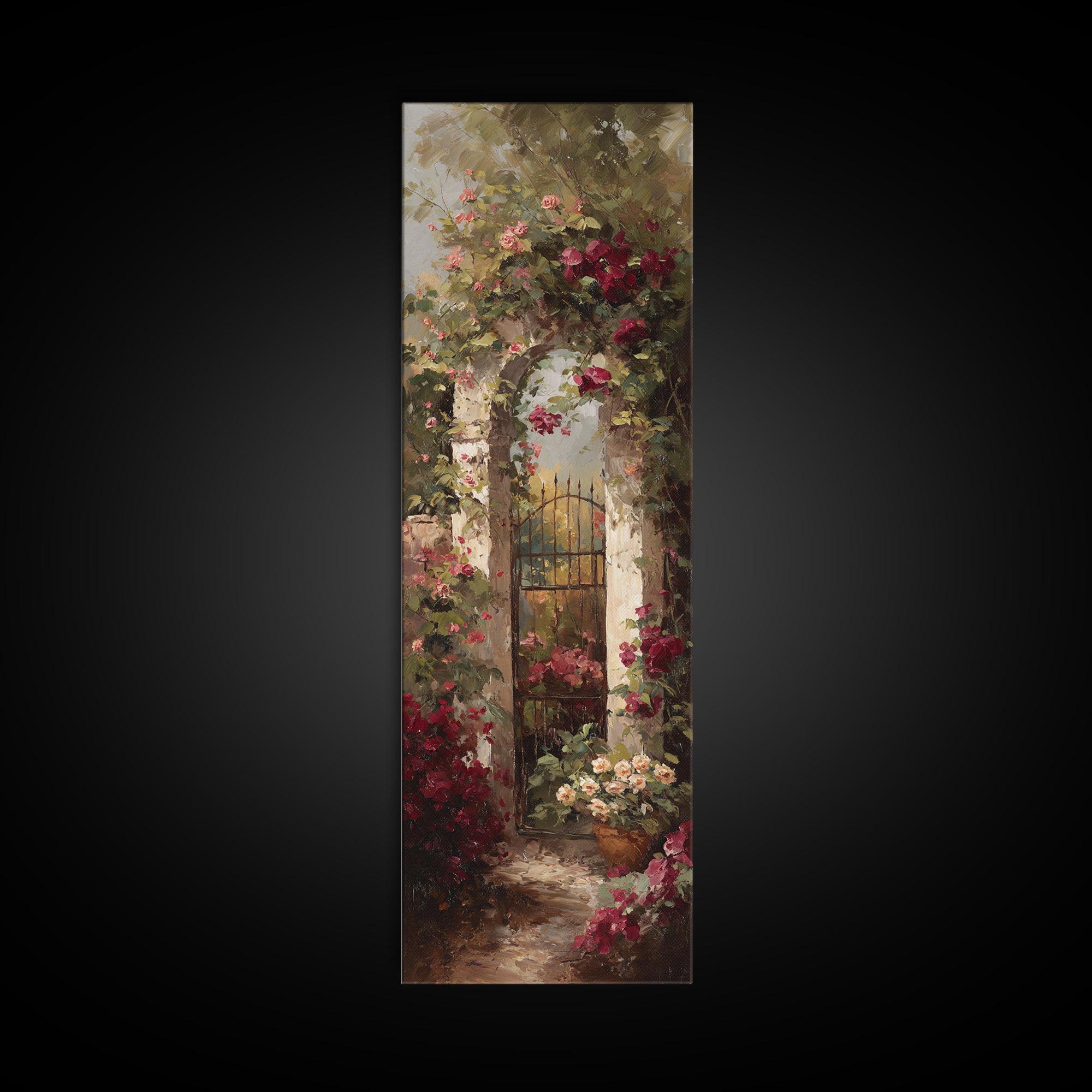 Vineyard Gate with Climbing Roses Canvas Print, Winery Art, Landscape Art, Winery Decor, Abstract Art, Vineyard, Room Decor, WIN-1x3-51