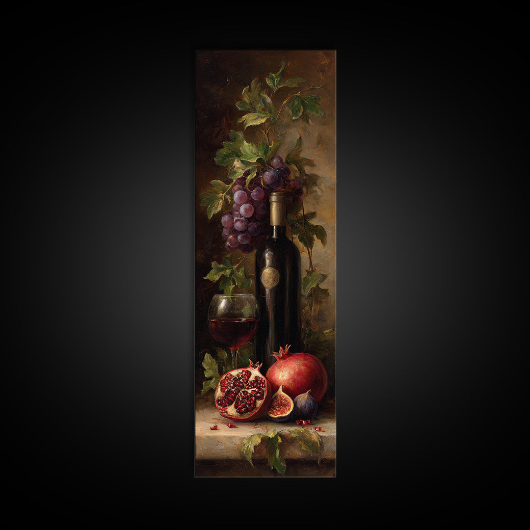 Pomegranate Figs and Red Wine Composition Framed Canvas Print, Winery Art, Textured Painting, Winery Decor, Fine Art, Vineyard, WIN-1x3-53