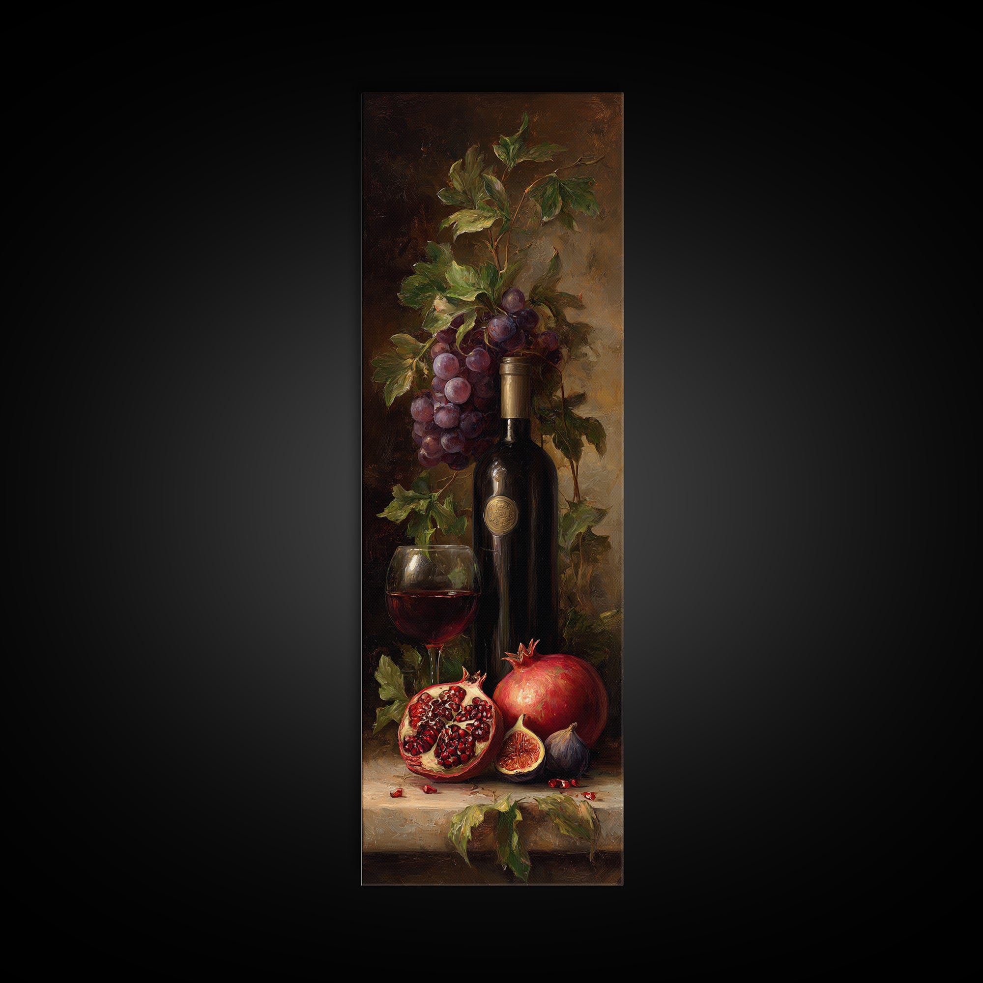 Pomegranate Figs and Red Wine Composition Framed Canvas Print, Winery Art, Textured Painting, Winery Decor, Fine Art, Vineyard, WIN-1x3-53
