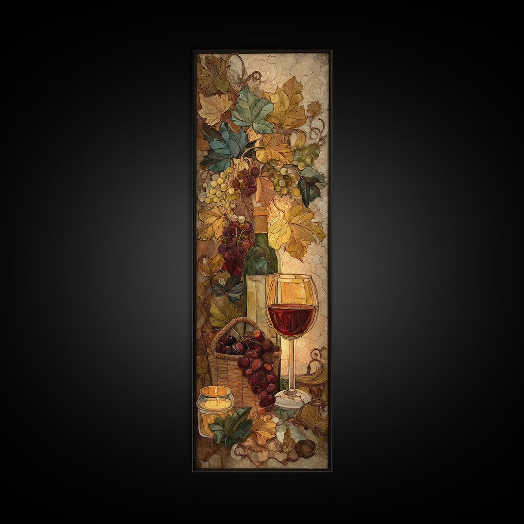Wine Harvest Basket Framed Canvas Print, Winery Art, Cocktail Wall Art, Winery Decor, Watercolor Art, Vineyard, WIN-1x3-58