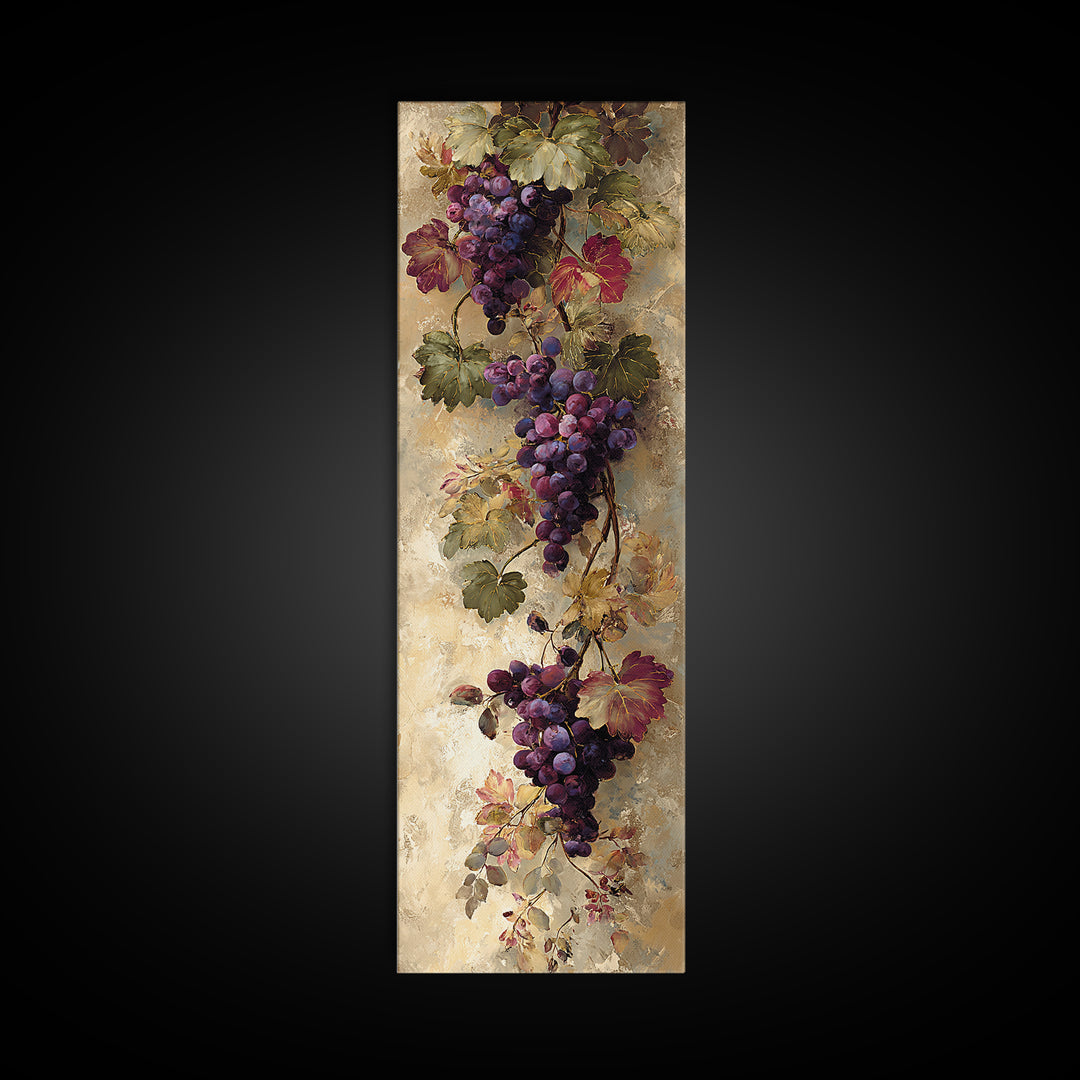 Grapevine Branch with Purple Grapes and Leaves Framed Canvas Print, Winery Art, Winery Decor, Watercolor Art, Vineyard, WIN-1x3-61