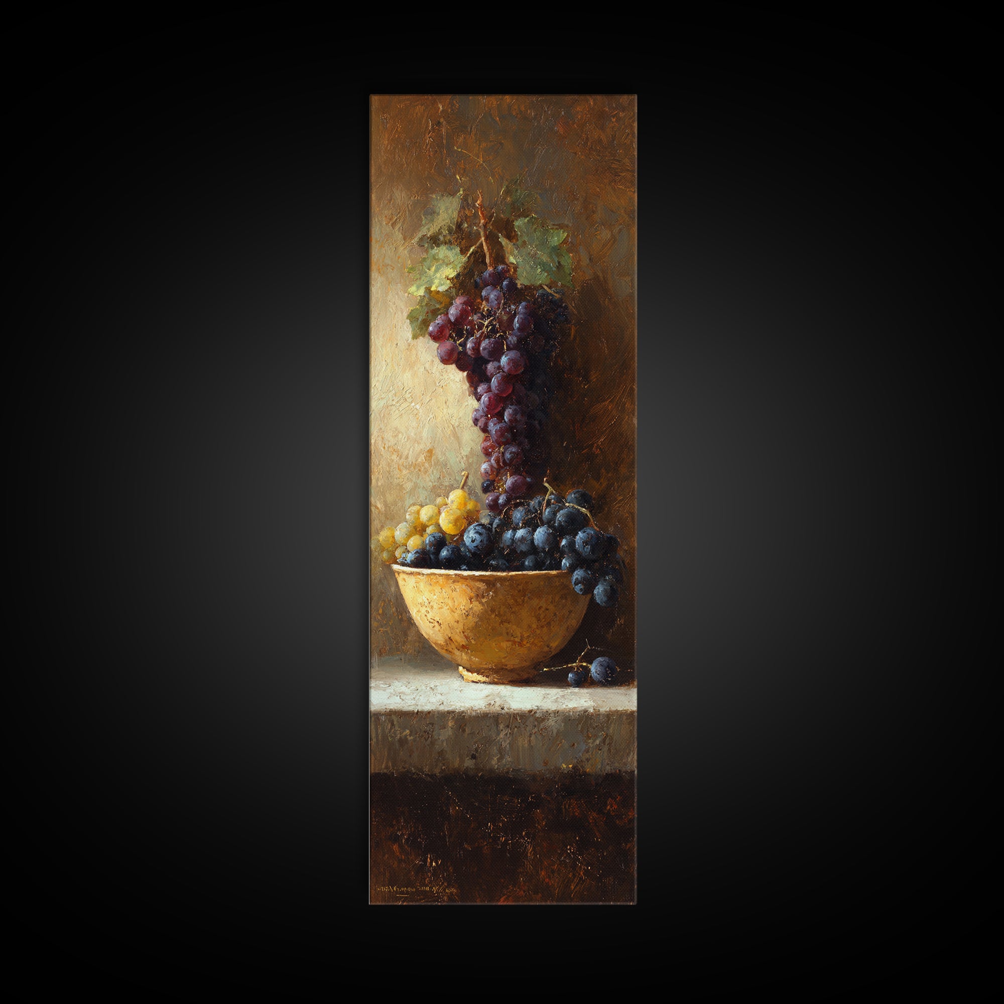 Grapes in a Ceramic Bowl with Shadows Framed Canvas Print, Winery Art, Wall Art, Winery Decor, Oil Painting, Vineyard, WIN-1x3-69