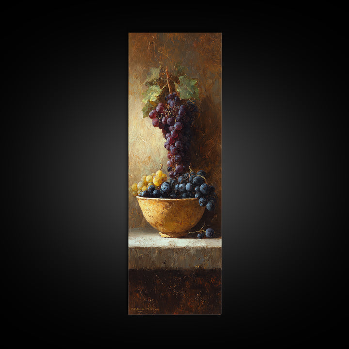 Grapes in a Ceramic Bowl with Shadows Framed Canvas Print, Winery Art, Wall Art, Winery Decor, Oil Painting, Vineyard, WIN-1x3-69