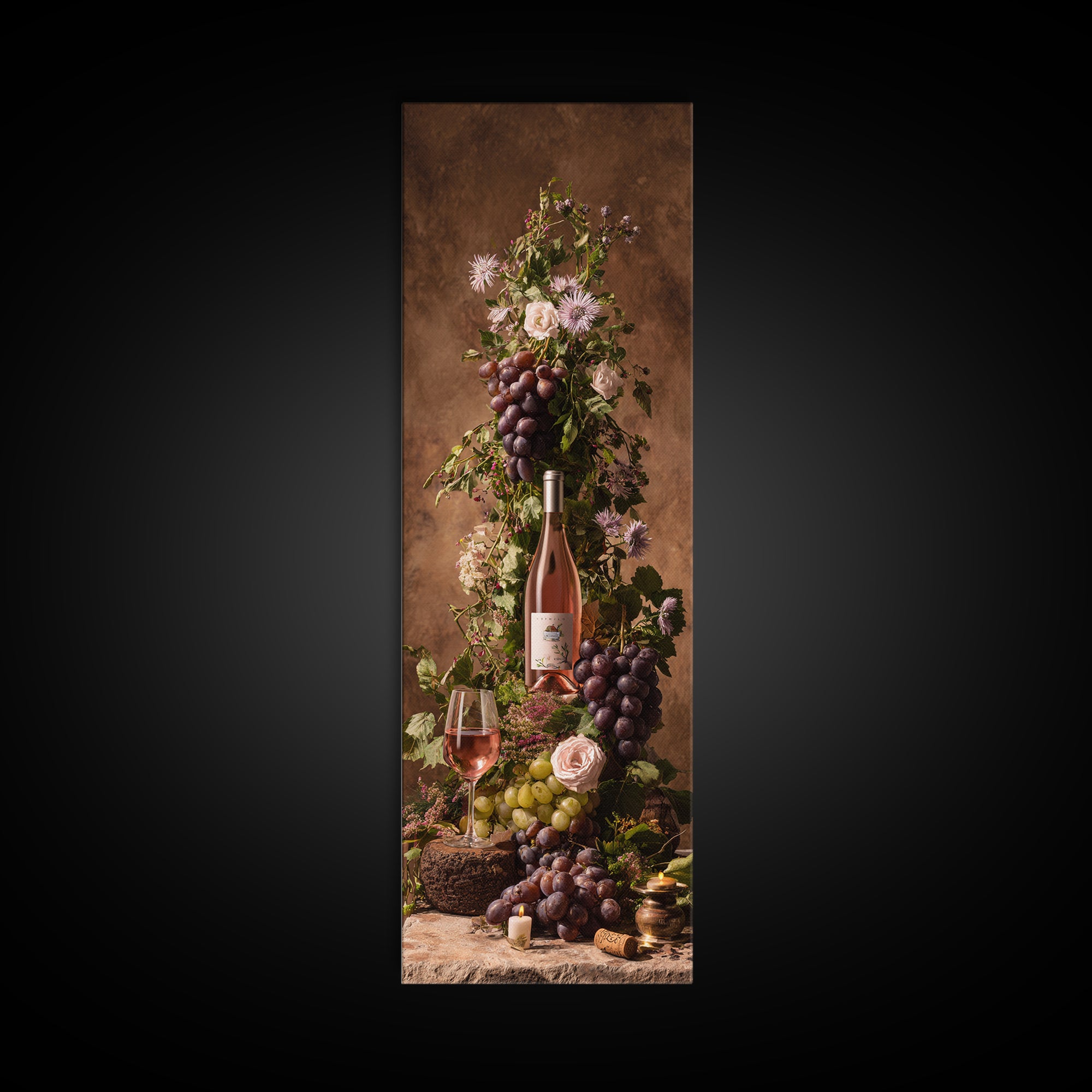 Ros Glass Beside Summer Flowers Framed Canvas Print, Winery Art, Fine Art Print, Winery Decor, Watercolor Art, Vineyard, WIN-1x3-74