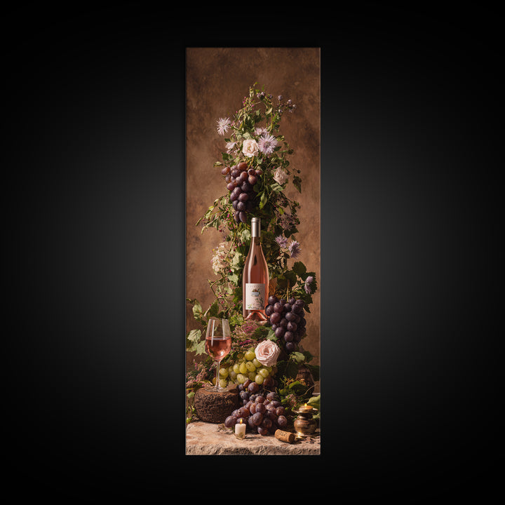 Ros Glass Beside Summer Flowers Framed Canvas Print, Winery Art, Fine Art Print, Winery Decor, Watercolor Art, Vineyard, WIN-1x3-74