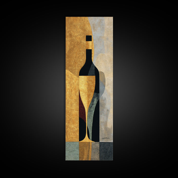 Black and Gold Wine Bottle Silhouette Framed Canvas Print, Winery Art, Kitchen Wall Decor, Winery Decor, Oil Painting, Vineyard, WIN-1x3-76