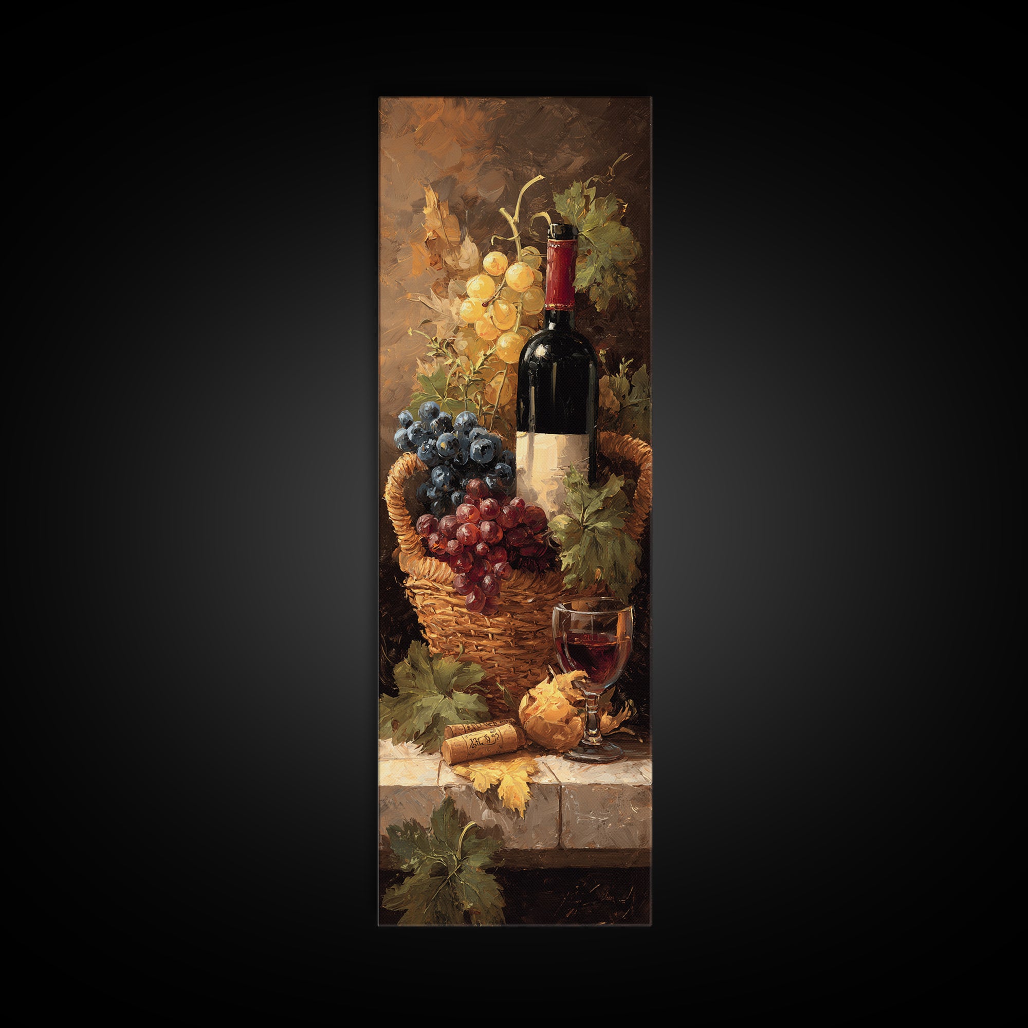 Wine Harvest Basket Canvas Print, Winery Art, Boho Decor, Winery Decor, Oil Painting, Vineyard, Art Print, Printable Wall Art, WIN-1x3-82