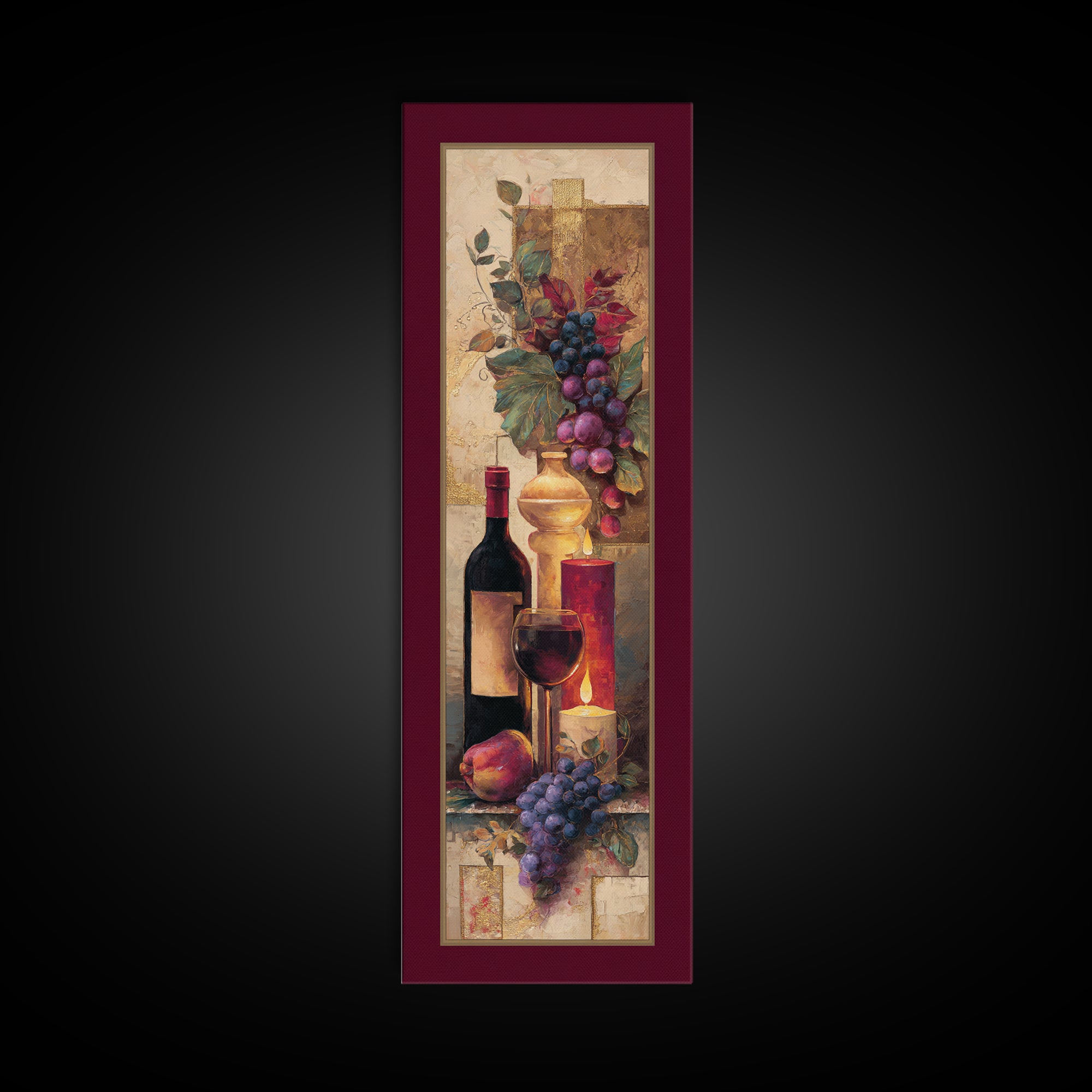 Burgundy Abstract with Gold Accents Framed Canvas Print, Winery Art, Living Room Art, Winery Decor, Abstract Art, Vineyard, WIN-1x3-83