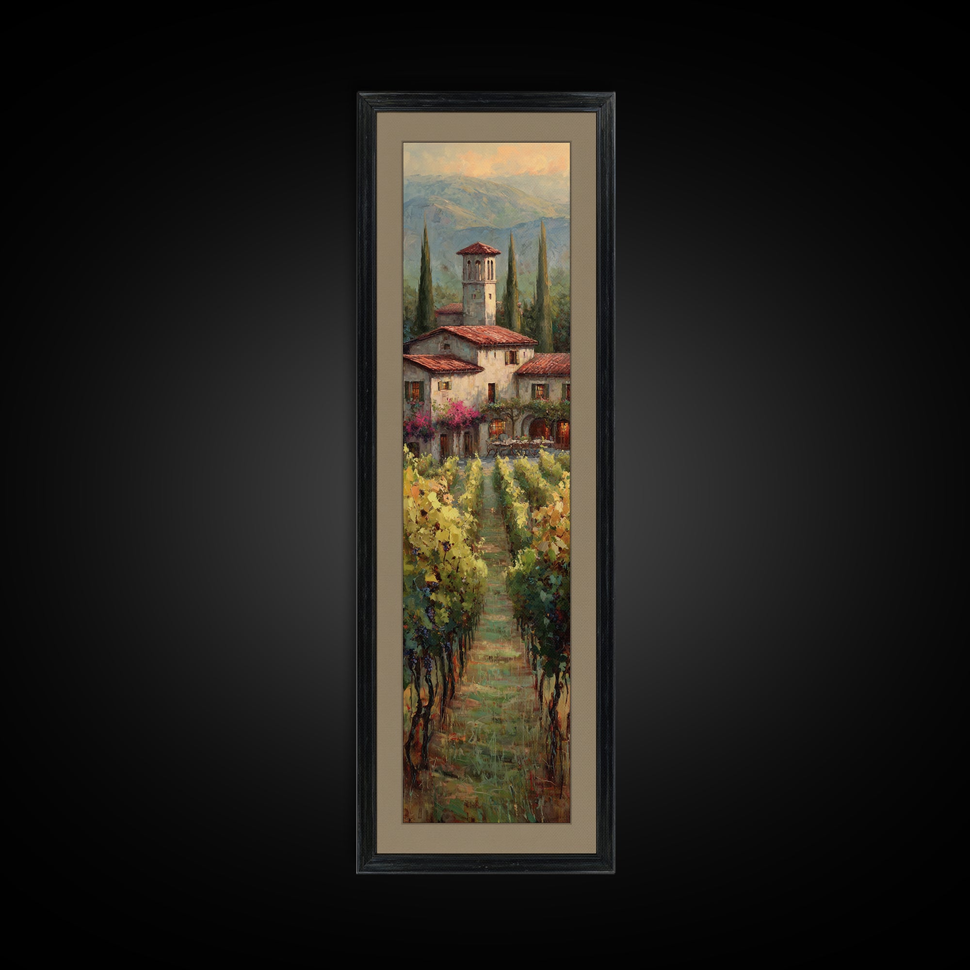 Tuscan Vineyard at Golden Hour Framed Canvas Print, Winery Art, Statement Artwork, Winery Decor, Fine Art, Vineyard, Painting, WIN-1x3-87