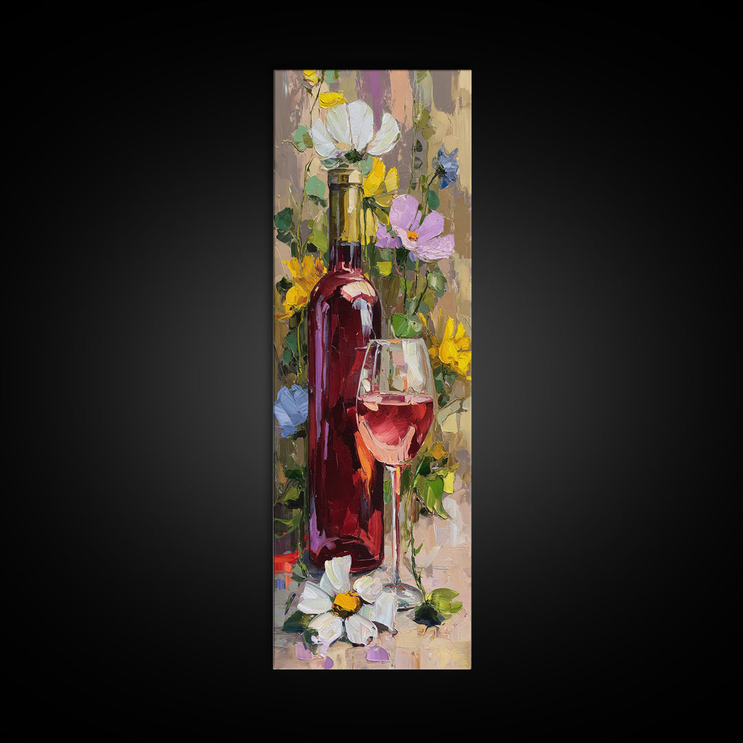 Ros Glass Beside Summer Flowers Canvas Print, Winery Art, Textured Painting, Winery Decor, Fine Art, Vineyard, Oil Painting, WIN-1x3-98