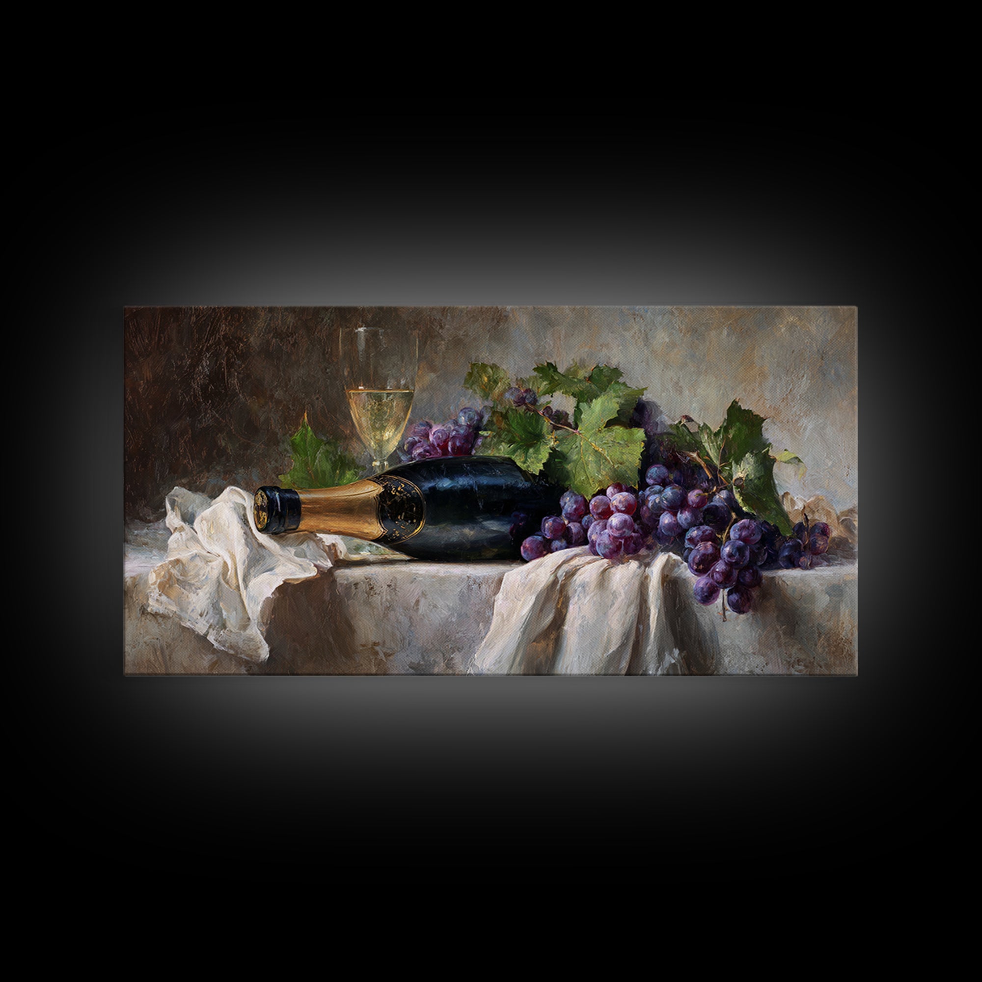 Champagne Grapes and White Linen Still Life Framed Canvas Print, Winery Art, Printable Wall Art, Winery Decor, Vineyard, WIN-2x1-1