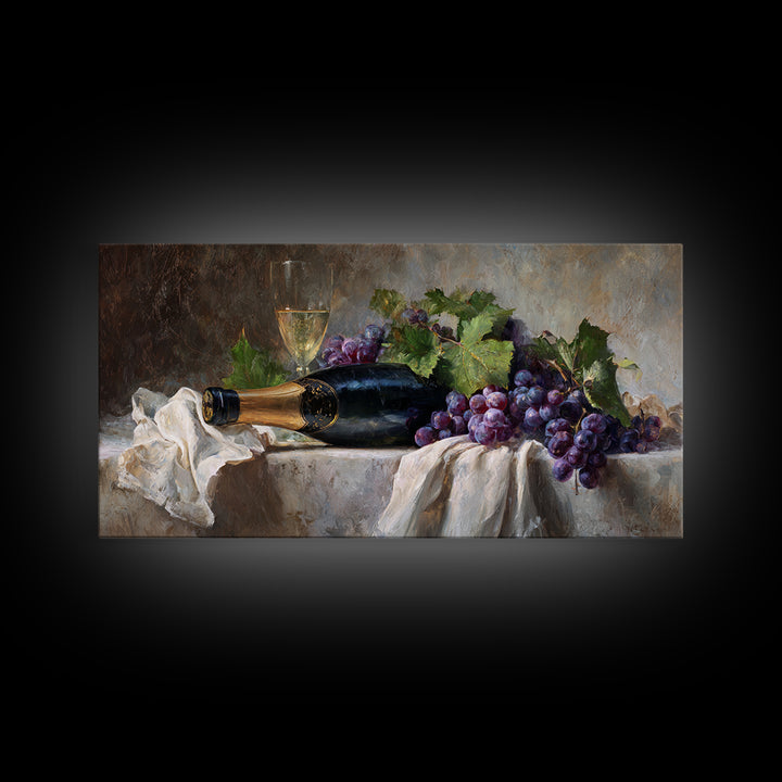 Champagne Grapes and White Linen Still Life Framed Canvas Print, Winery Art, Printable Wall Art, Winery Decor, Vineyard, WIN-2x1-1