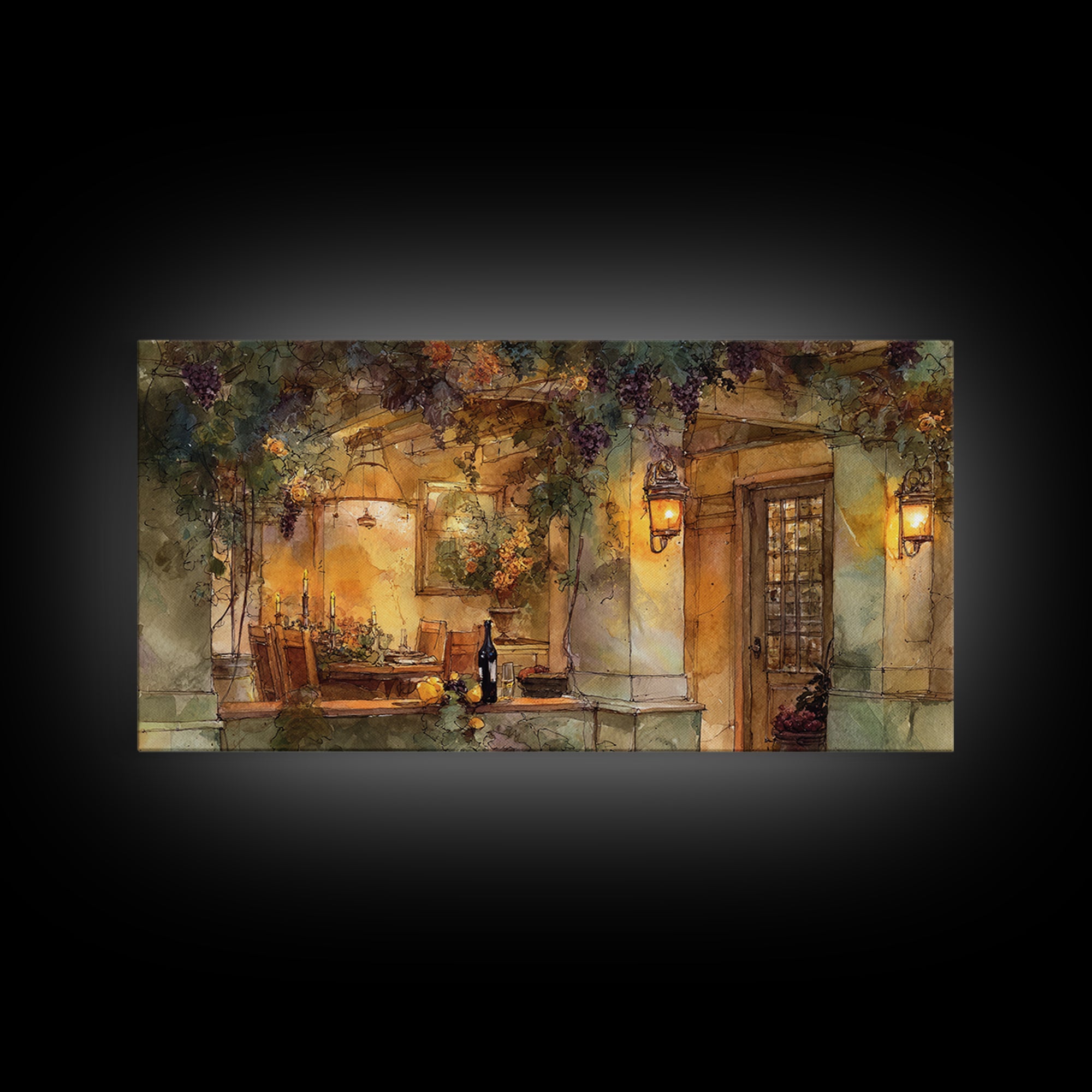 Vineyard Gate with Climbing Roses Framed Canvas Print, Winery Art, Retro Wall Art, Winery Decor, Vineyard, Modern Decor, WIN-2x1-11