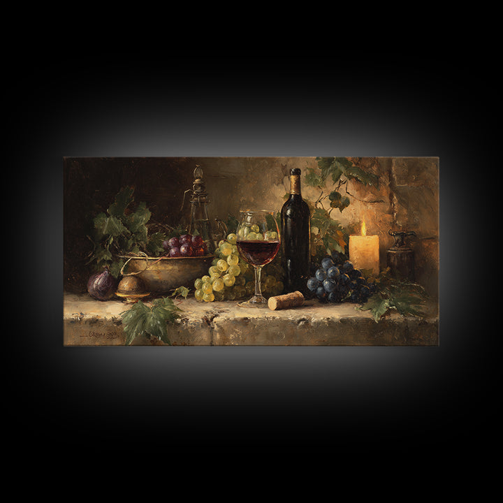 Olive Branch and Wine Glass Mediterranean Still Framed Canvas Print, Winery Art, Statement Artwork, Winery Decor, Vineyard, WIN-2x1-20