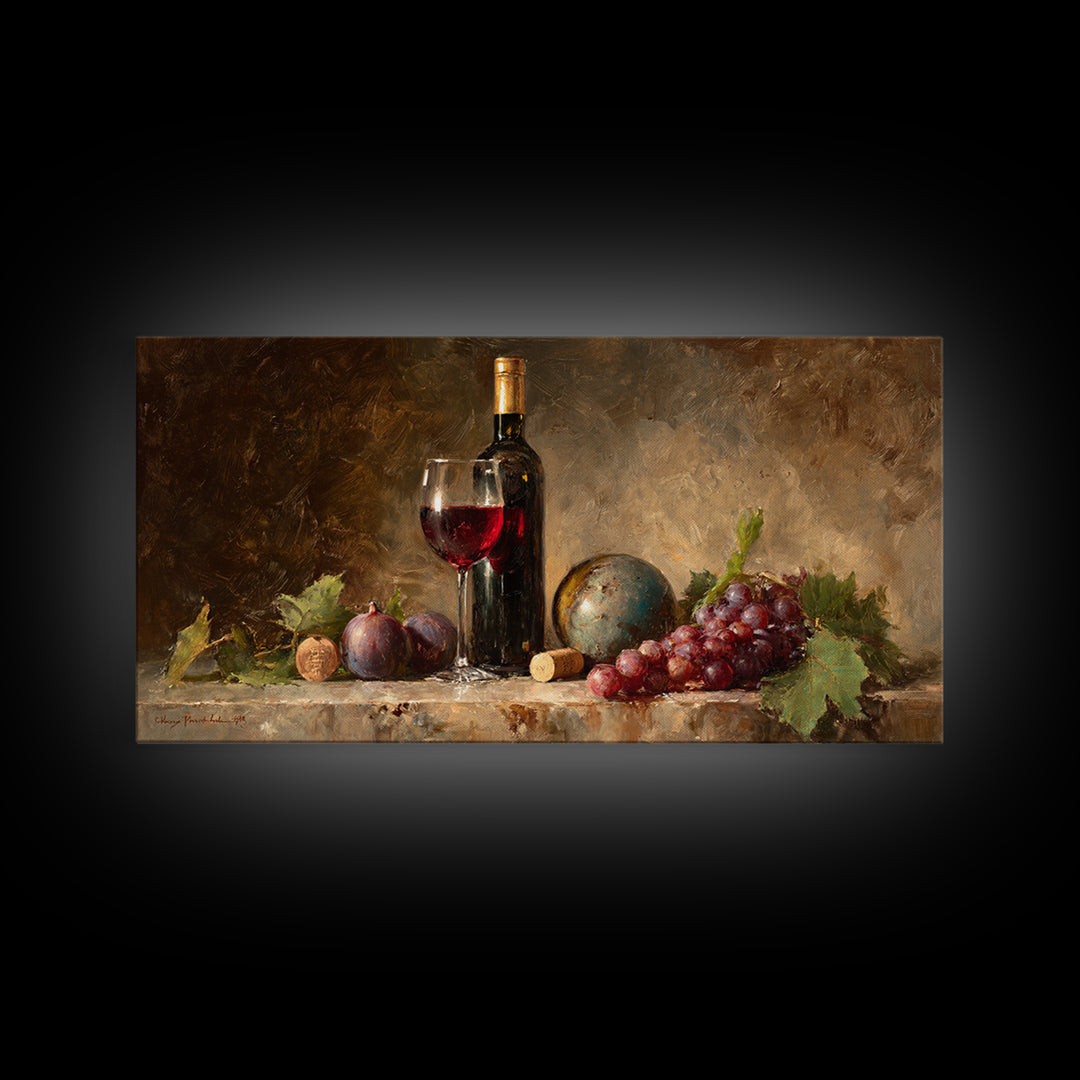 Wine Bottle and Glass Still Life Canvas Print, Winery Art, Textured Painting, Winery Decor, Fine Art, Vineyard, Oil Painting, WIN-2x1-22