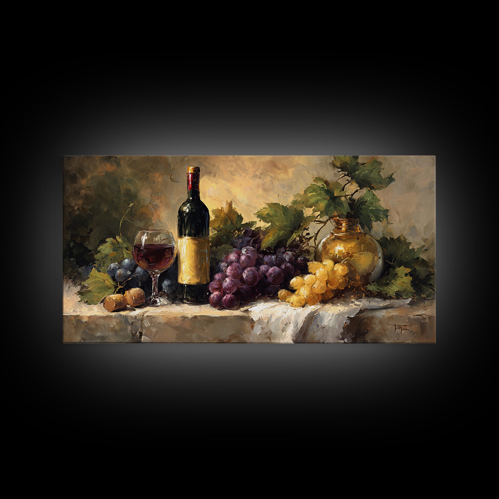 Tuscan Vineyard at Golden Hour Framed Canvas Print, Winery Art, Oil Painting, Winery Decor, Watercolor Art, Vineyard, WIN-2x1-23