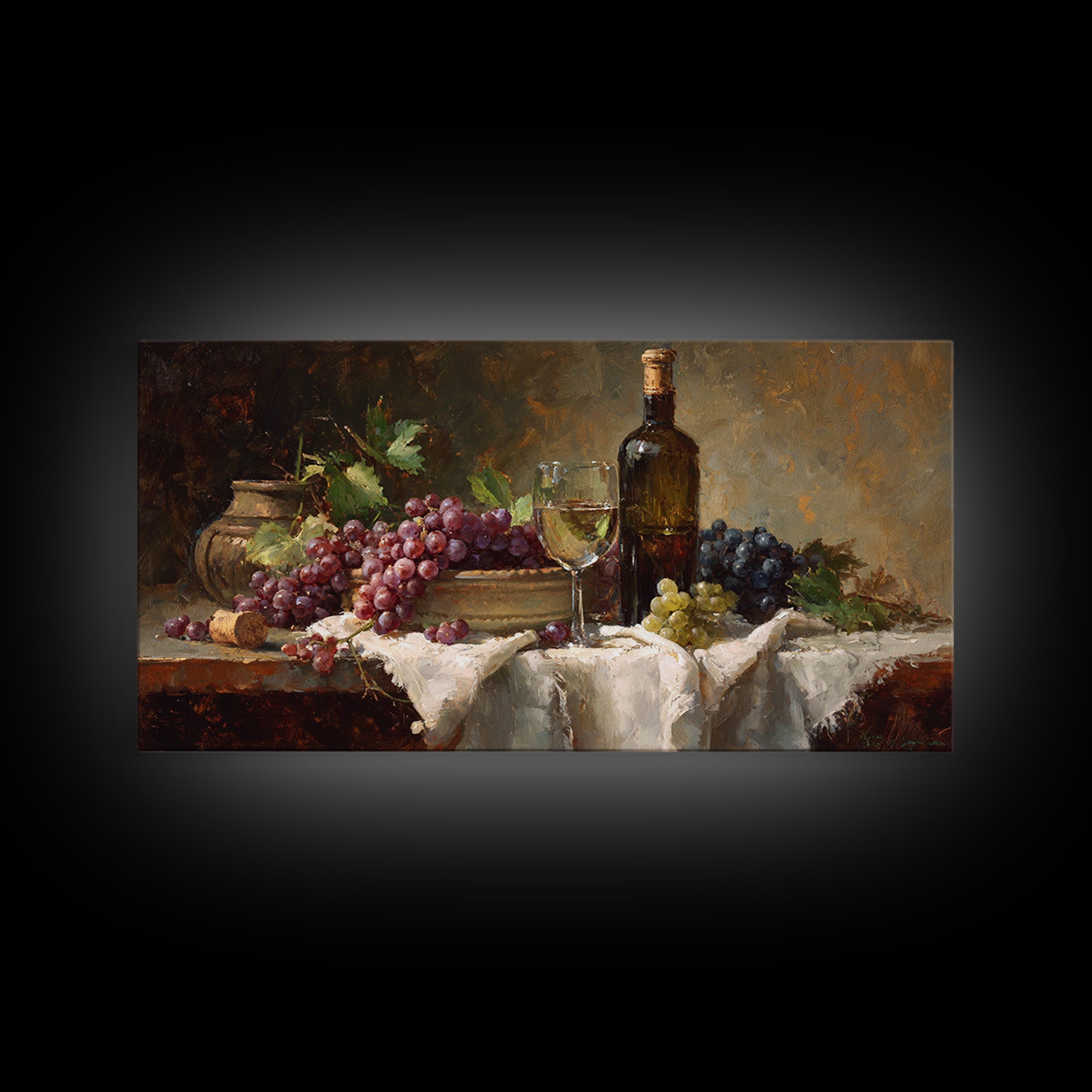 Champagne Grapes and White Linen Still Life Framed Canvas Print, Winery Art, Printable Wall Art, Winery Decor, Vineyard, WIN-2x1-25