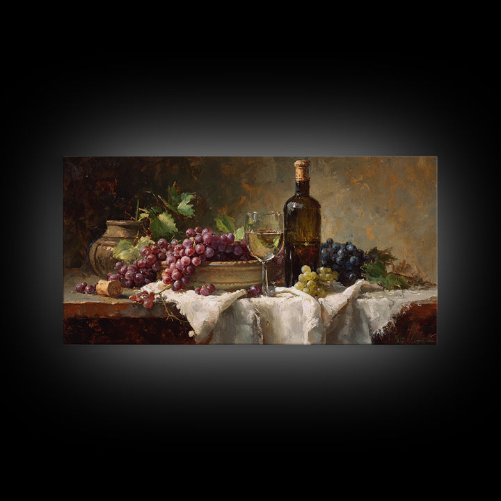 Champagne Grapes and White Linen Still Life Framed Canvas Print, Winery Art, Printable Wall Art, Winery Decor, Vineyard, WIN-2x1-25
