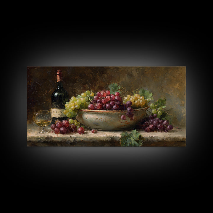 Grapes in a Ceramic Bowl with Shadows Framed Canvas Print, Winery Art, Oil Painting, Winery Decor, Watercolor Art, Vineyard, WIN-2x1-29