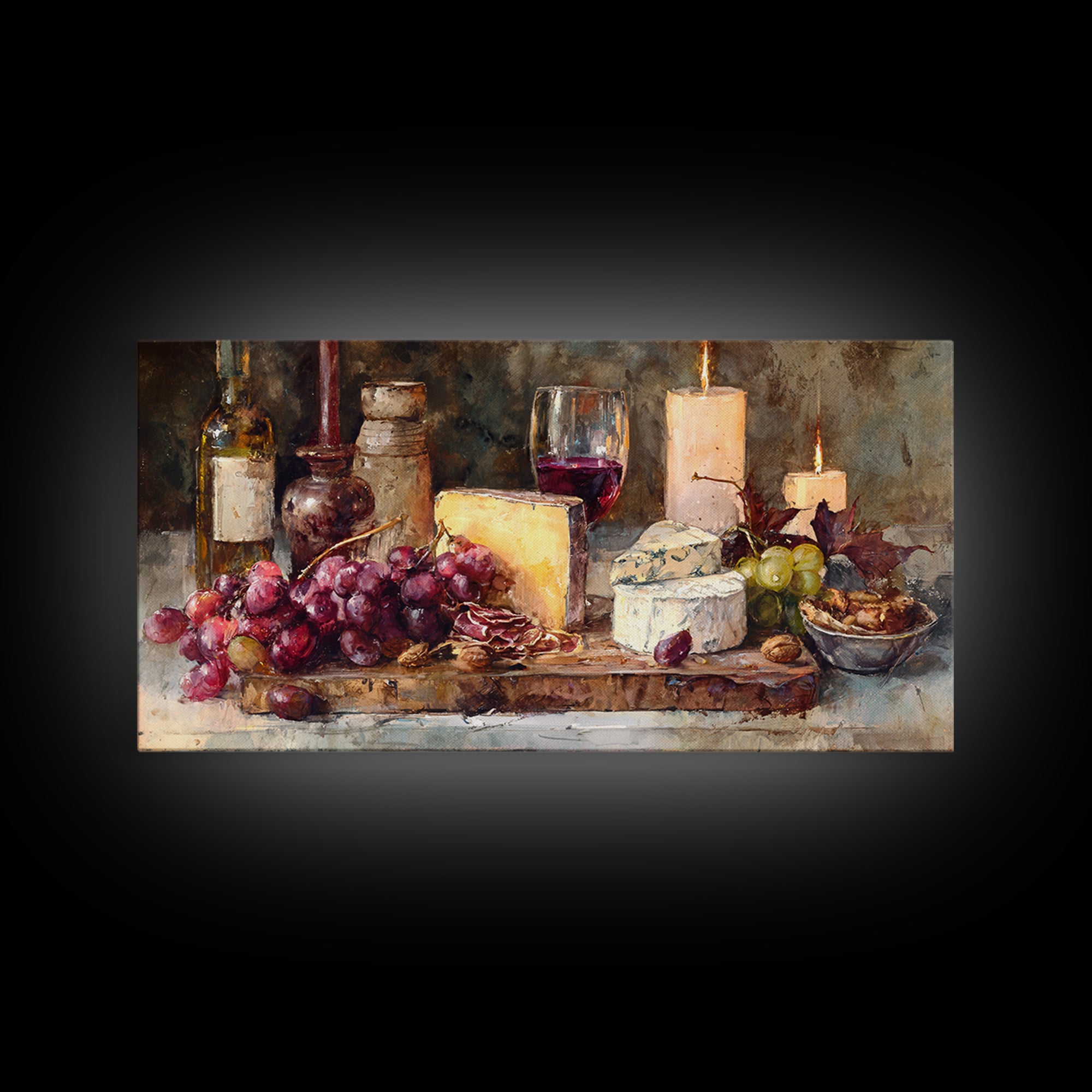 Charcuterie Board with Grapes and Cheese Framed Canvas Print, Winery Art, Painting, Winery Decor, Fine Art, Vineyard, WIN-2x1-33