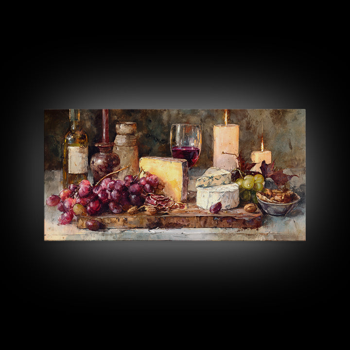 Charcuterie Board with Grapes and Cheese Framed Canvas Print, Winery Art, Painting, Winery Decor, Fine Art, Vineyard, WIN-2x1-33