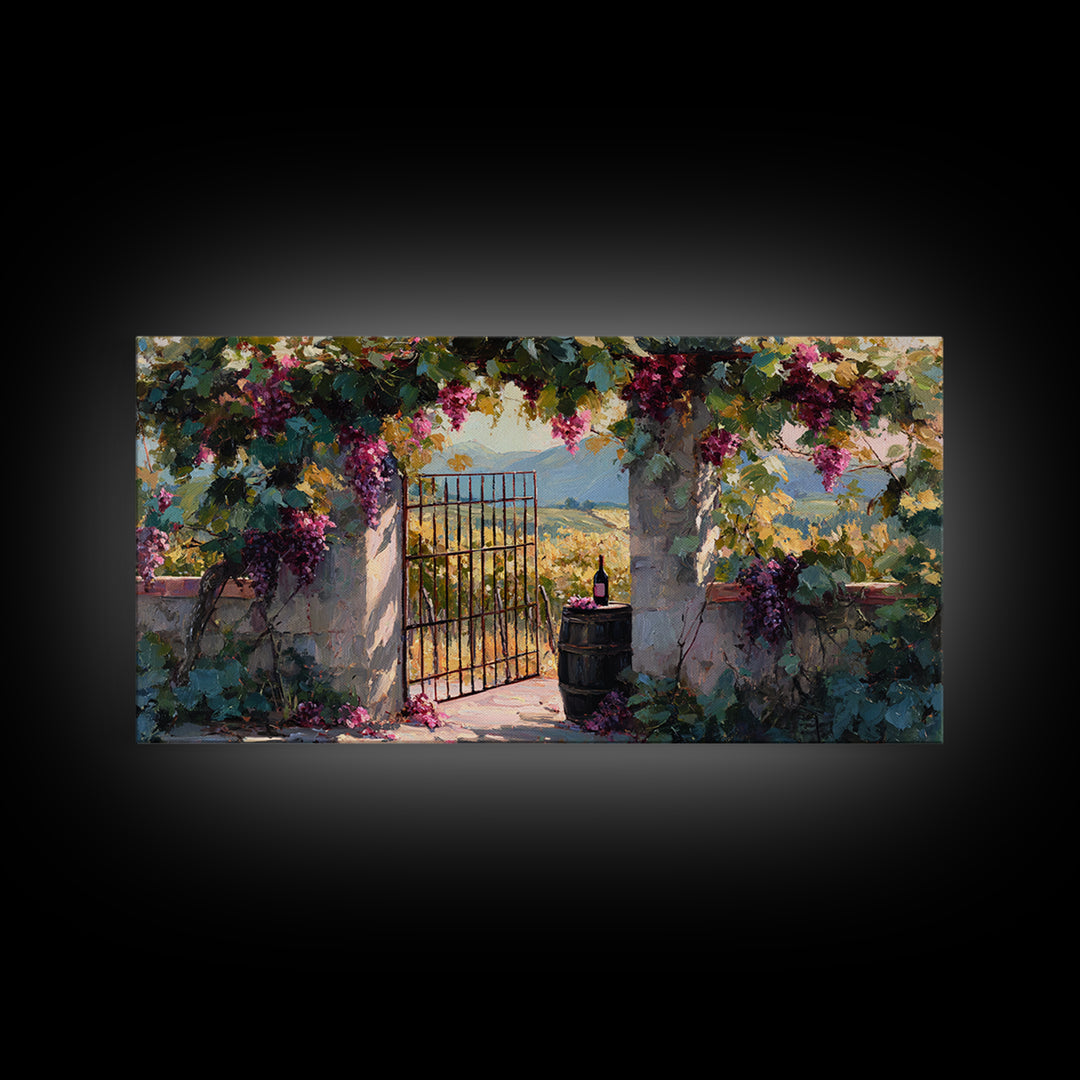 Vineyard Gate with Climbing Roses Framed Canvas Print, Winery Art, Wall Art, Winery Decor, Oil Painting, Vineyard, WIN-2x1-35