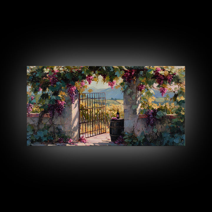 Vineyard Gate with Climbing Roses Framed Canvas Print, Winery Art, Wall Art, Winery Decor, Oil Painting, Vineyard, WIN-2x1-35