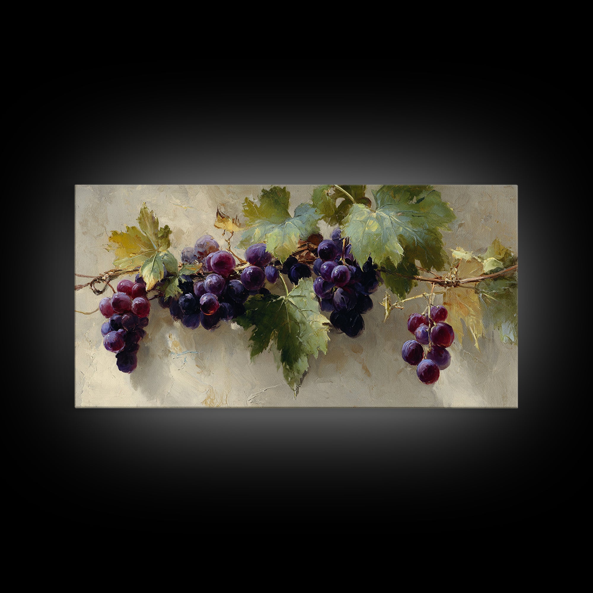 Grapevine Branch with Purple Grapes and Leaves Framed Canvas Print, Winery Art, Kitchen Wall Art, Winery Decor, Oil Painting, WIN-2x1-45