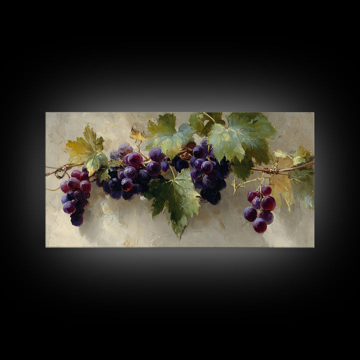Grapevine Branch with Purple Grapes and Leaves Framed Canvas Print, Winery Art, Kitchen Wall Art, Winery Decor, Oil Painting, WIN-2x1-45