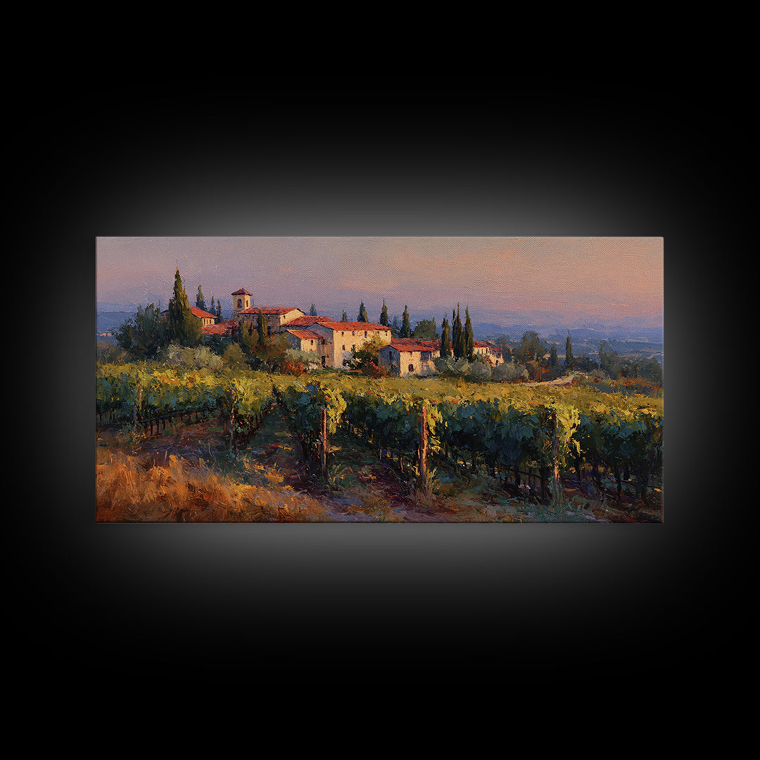 Tuscan Vineyard at Golden Hour Canvas Print, Winery Art, Farmhouse Decor, Winery Decor, Oil Painting, Vineyard, Bar Art, WIN-2x1-47