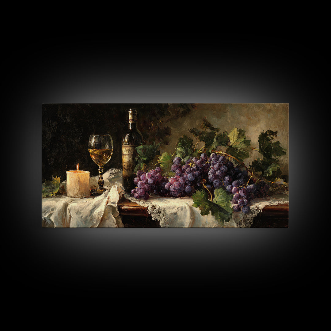 Champagne Grapes and White Linen Still Life Canvas Print, Winery Art, Framed Art, Winery Decor, Abstract Art, Vineyard, WIN-2x1-49