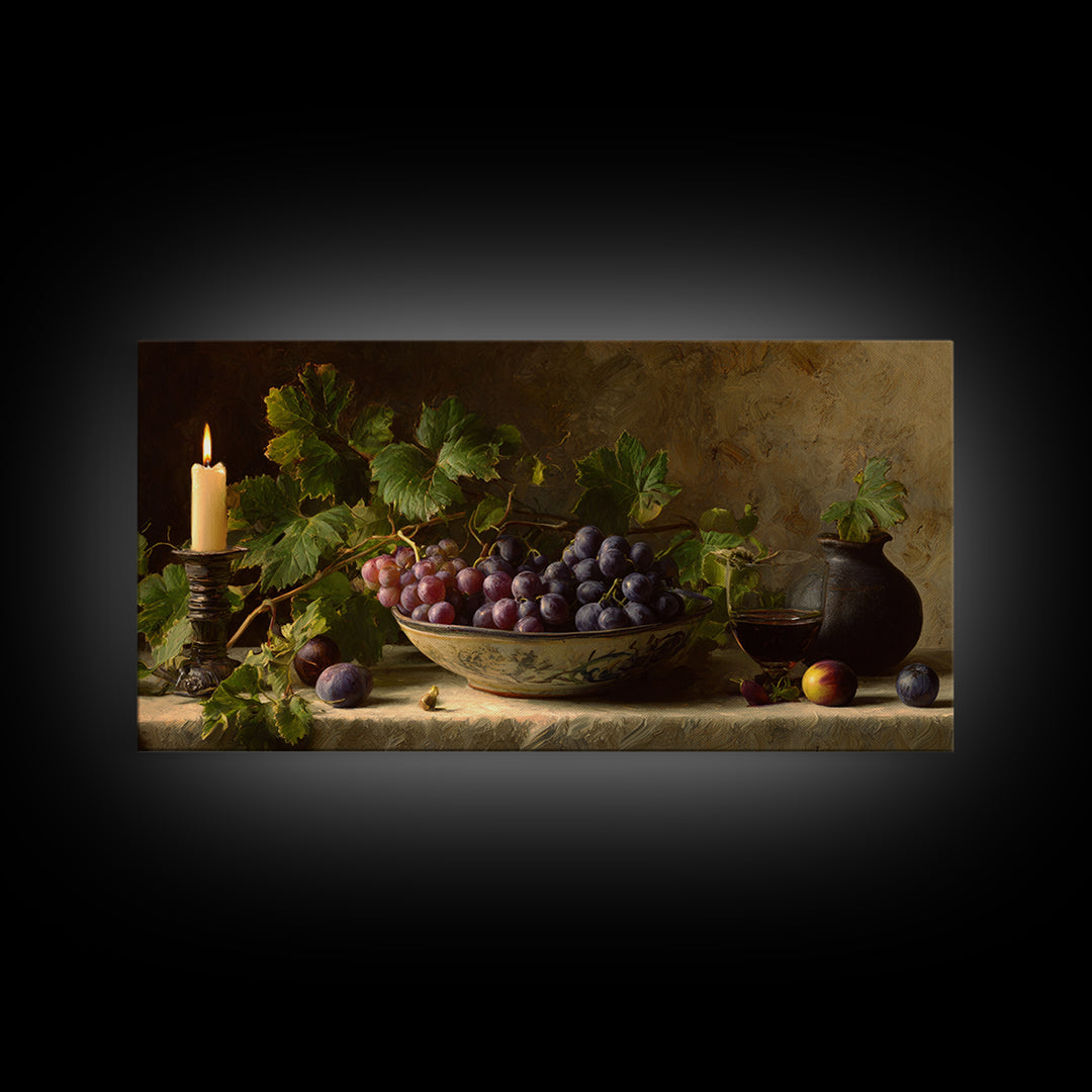 Grapes in a Ceramic Bowl with Shadows Framed Canvas Print, Winery Art, Oil Painting, Winery Decor, Watercolor Art, Vineyard, WIN-2x1-5