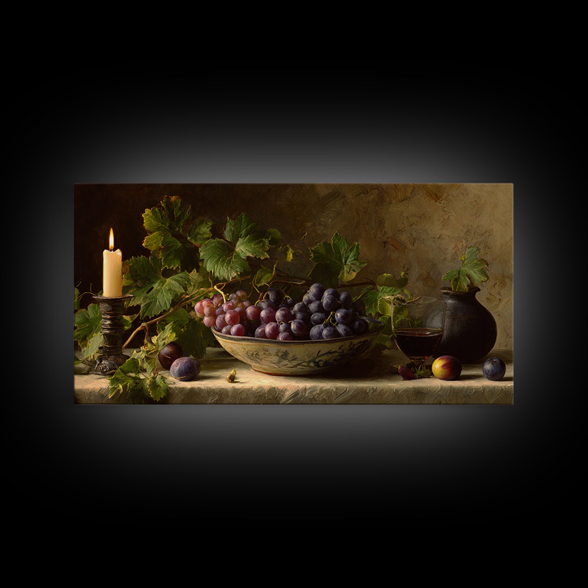 Grapes in a Ceramic Bowl with Shadows Framed Canvas Print, Winery Art, Oil Painting, Winery Decor, Watercolor Art, Vineyard, WIN-2x1-5