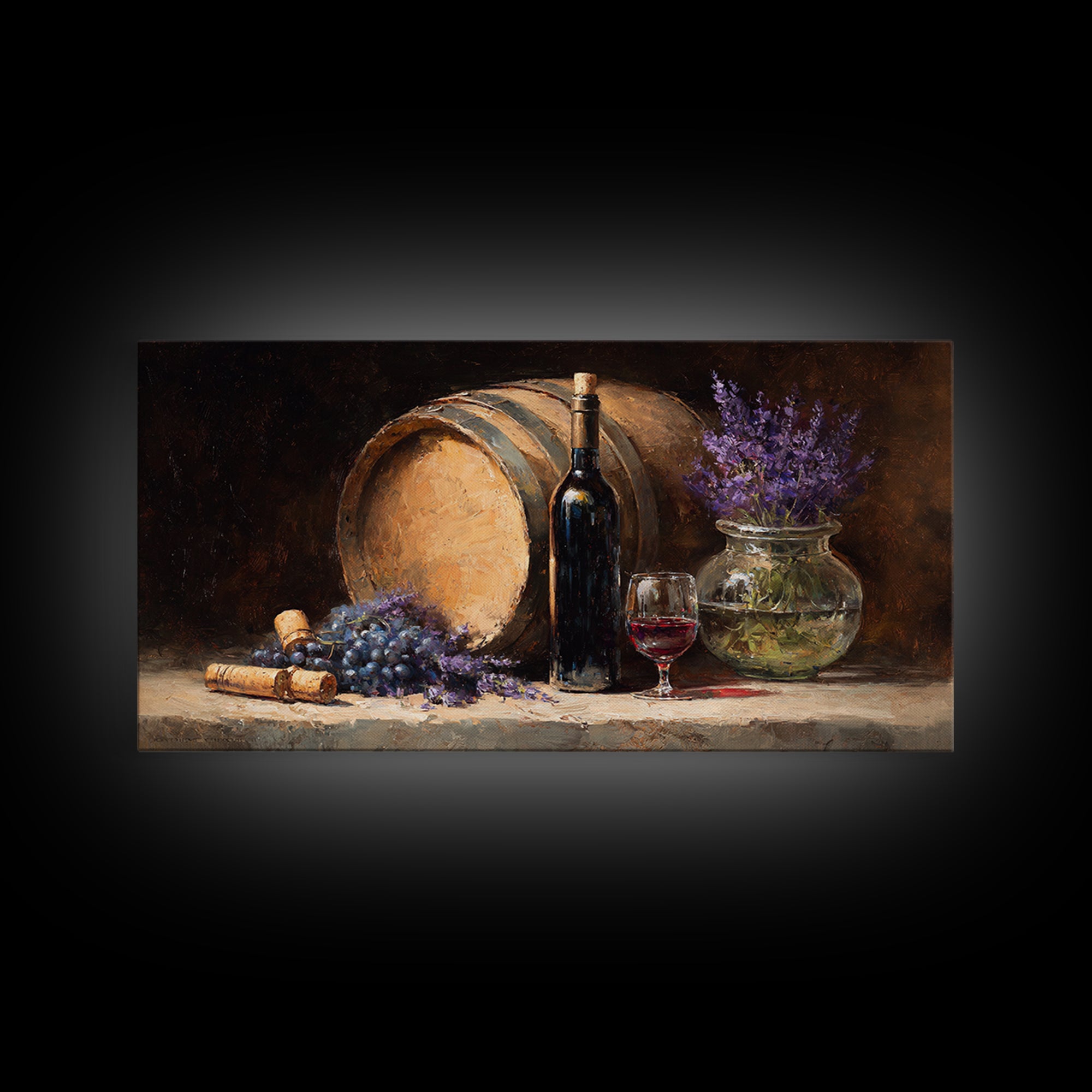 Wine Barrel with Lavender and Sunlight Framed Canvas Print, Winery Art, Wall Decor, Winery Decor, Fine Art, Vineyard, WIN-2x1-50