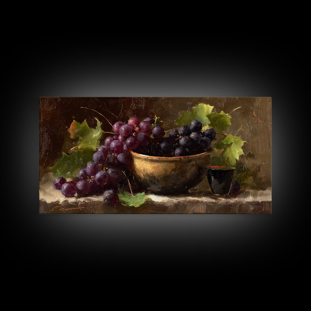 Grapes in a Ceramic Bowl with Shadows Canvas Print, Winery Art, Farmhouse Decor, Winery Decor, Oil Painting, Vineyard, WIN-2x1-53
