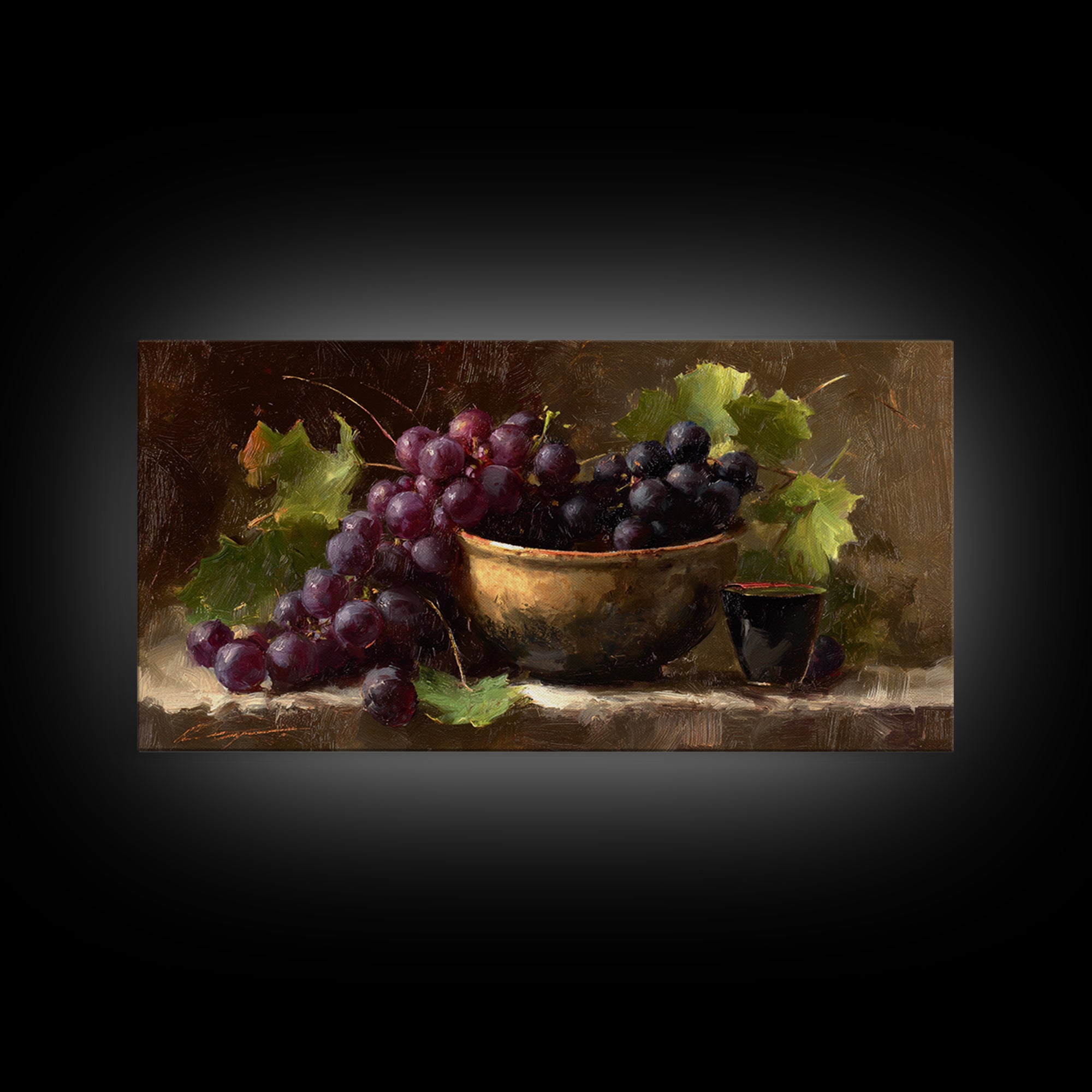 Grapes in a Ceramic Bowl with Shadows Canvas Print, Winery Art, Farmhouse Decor, Winery Decor, Oil Painting, Vineyard, WIN-2x1-53